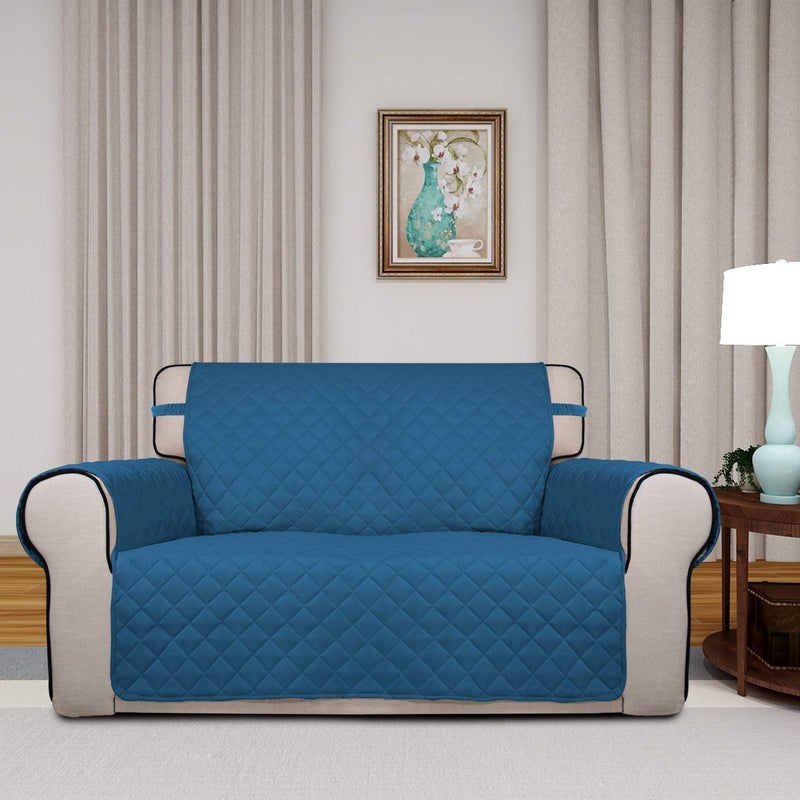 PureFit Reversible Quilted Sofa Cover, Water Resistant Medium Slipcover Furniture Protector, Washable Couch Cover with Non Slip Foam and Elastic Straps for Kids, Pets (Loveseat, Peacock Blue/Beige) - Image 2